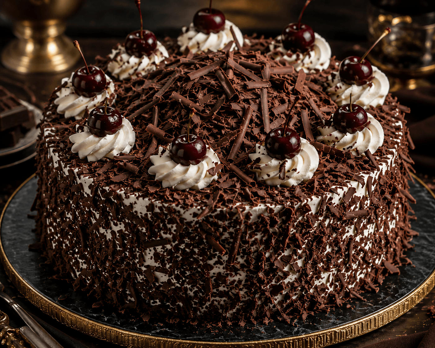 Black Forest Klasik Mewah dengan Hiasan Cokelat Serut Melimpah